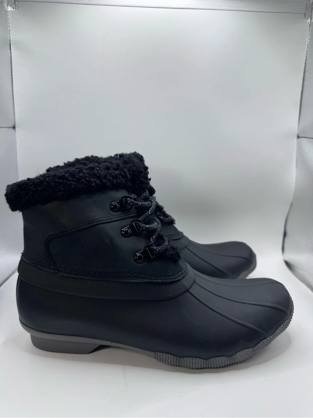 Sperry Black Lace-Up Faux Shearling Rain Boot